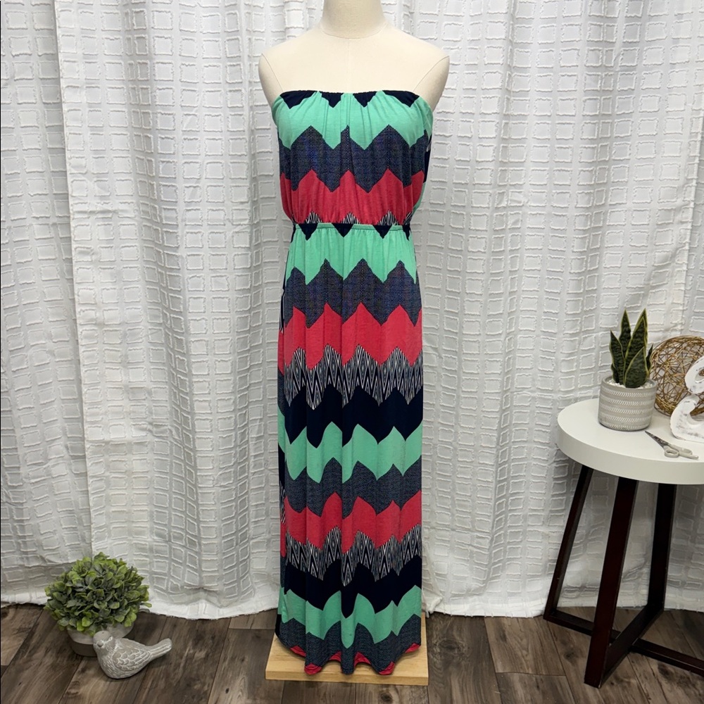 Trixxi Strapless Chevron Maxi Dress - Pink, Green, Blue